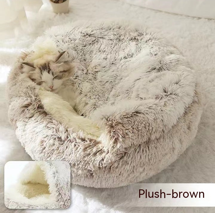 2-in-1 Dog & Cat Winter Bed – Round Plush Pet House | Soft Warm Long Plush Bed for Cats and Small Dogs