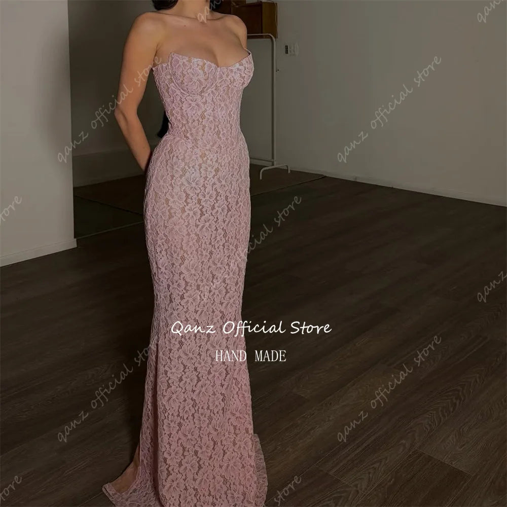 Qanz Charming Pink Full Lace Prom Dress Women's Evening Dresses for Special Occasions Mermaid Vestidos De Fiesta Customized