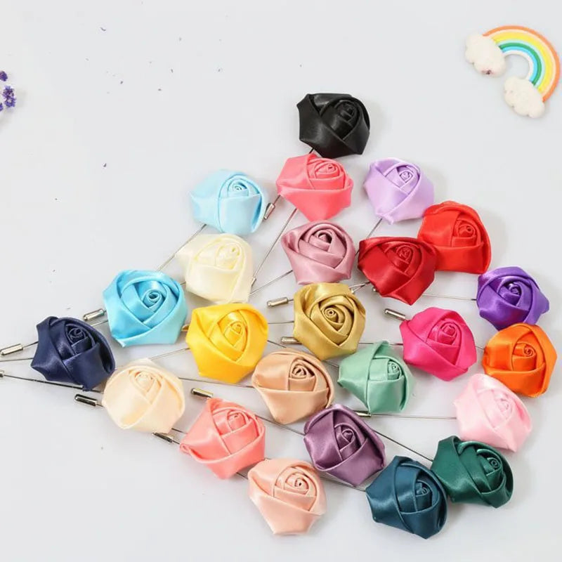 Men Boutonnieres for Wedding Groom Corsage Lapel Pins Ribbon Roses Flower Mensuit Buttonhole Brooch Marriage Accessories