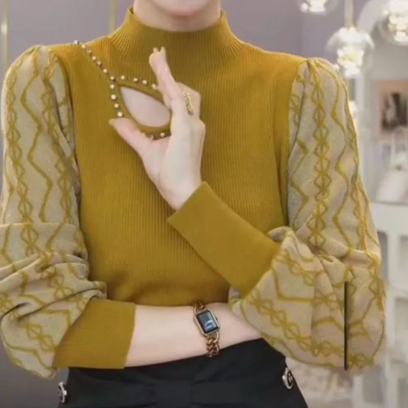 Women’s Korean hollow-out knit sweater – long sleeve half high collar pullover