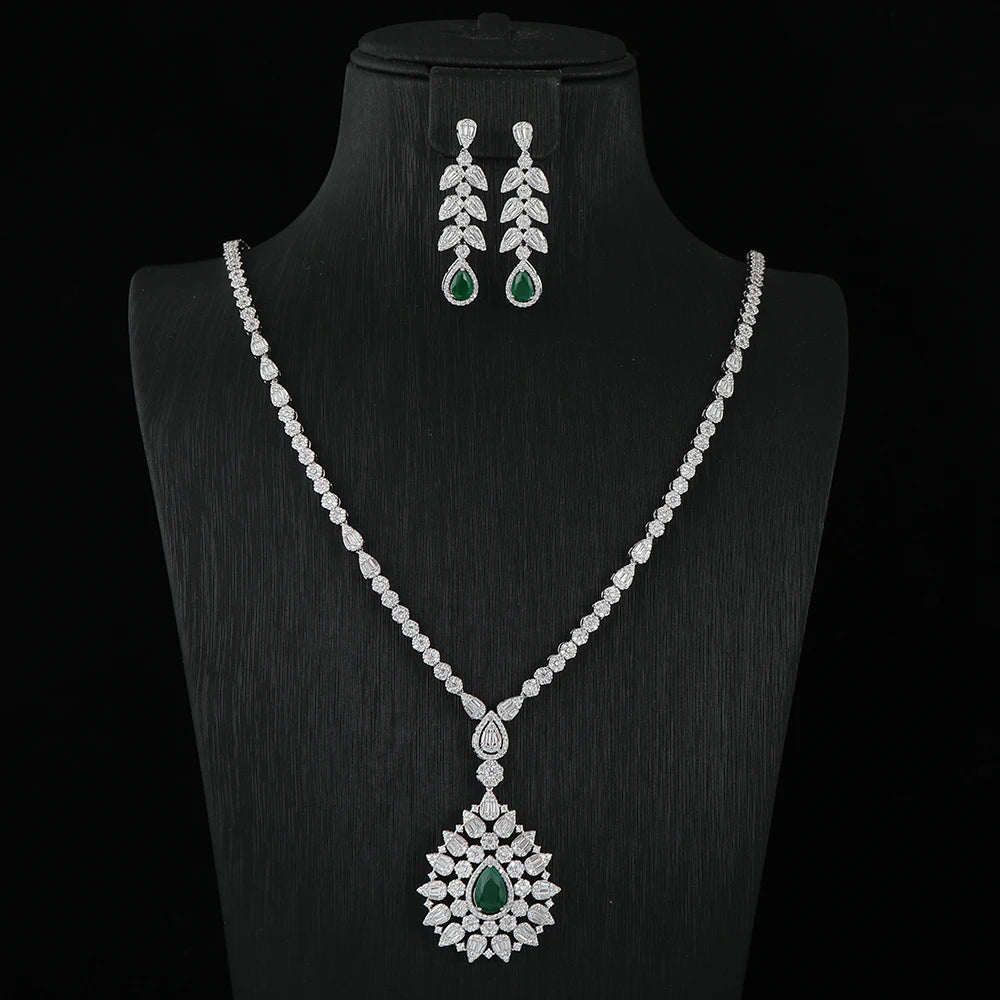 Luxury cubic zirconia leaf and waterdrop jewelry set with long necklace and earrings