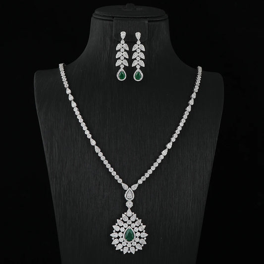 Luxury cubic zirconia leaf and waterdrop jewelry set with long necklace and earrings