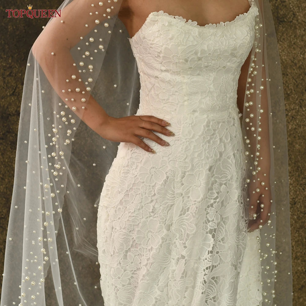 TOPQUEEN V66 Luxury Cathedral Pearl Wedding Veil – Single Layer Long Bridal Veil Without Comb | White or Off-White (150 cm / 200 cm / 300 cm)