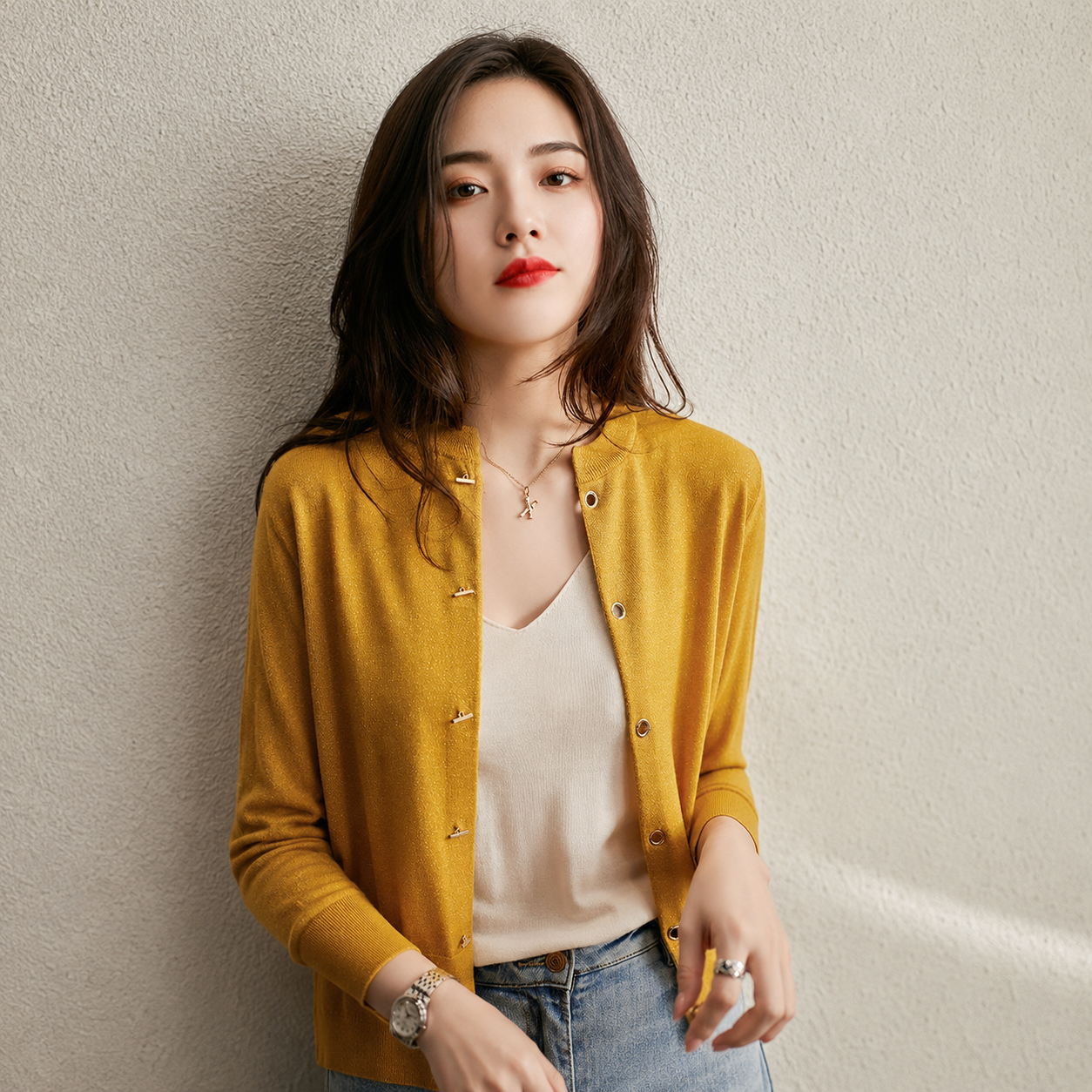 Women’s Fine-Knit Wool-Blend Cardigan with Metal Buttons
